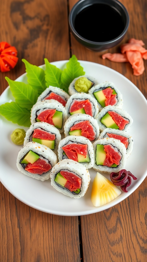 A plate of colorful spicy tuna sushi rolls, garnished with wasabi, soy sauce, and pickled ginger.